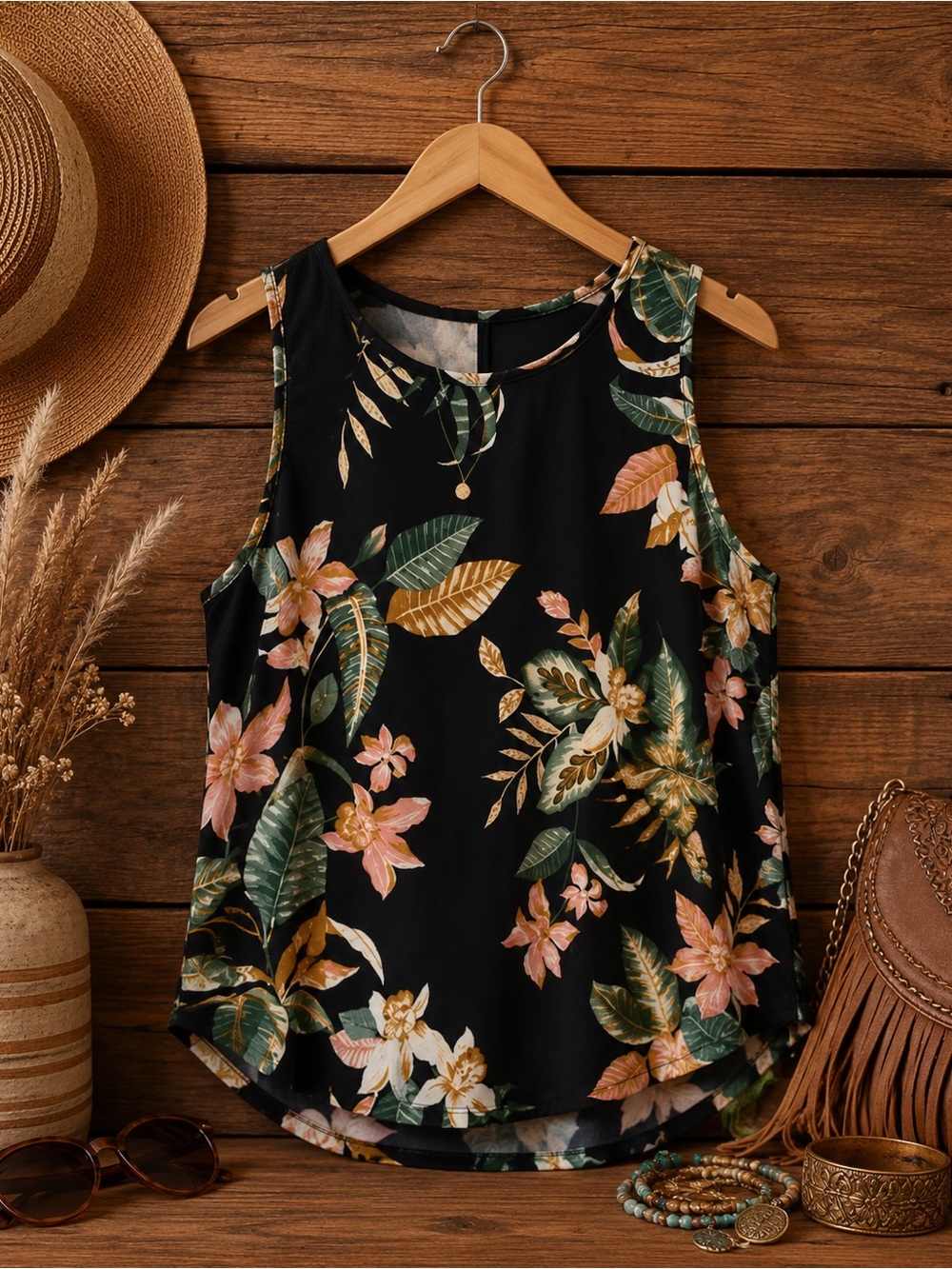 Old Navy Medium Black Tropical Floral Sleeveless Swing Tank Top